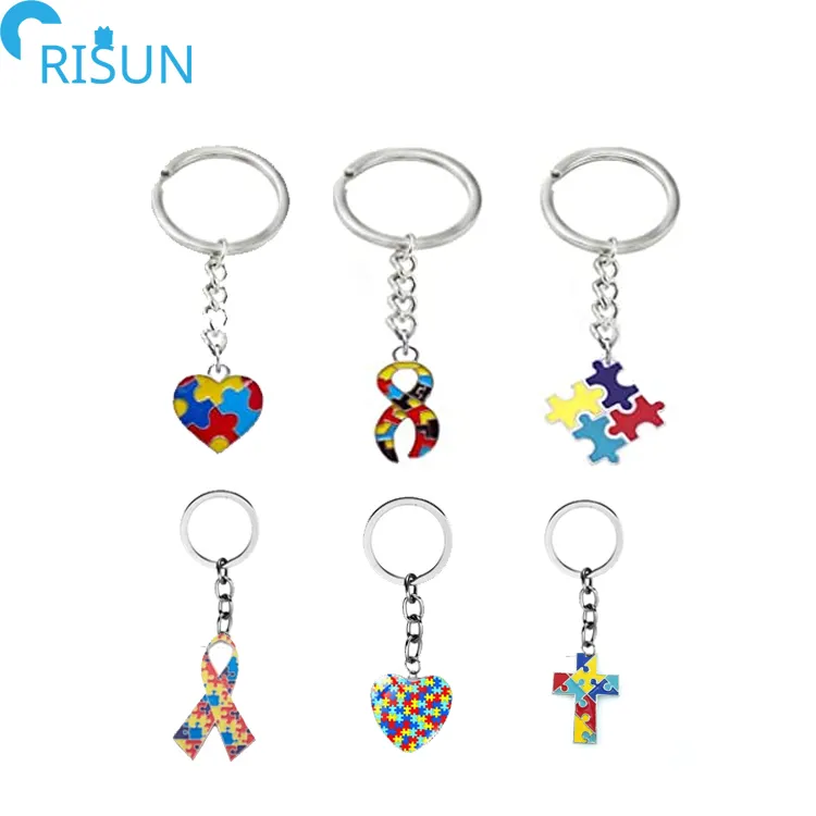 Wholesale Mini Awareness Autism Keychain Custom Soft Hard Enamel Charm Puzzle Piece Set Key Chain Key Ring Portable Jigsaw