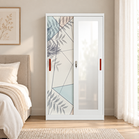 Armoire moderne en acier imprimé avec portes coulissantes, motif feuille de teck, pour rangement de chambre à coucher