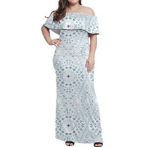 Robe longue sans bretelles Polynésienne Samoa Tribal <span class=keywords><strong>Tatouage</strong></span> Imprimer Polyester Robes Femmes Tendance Plage Hors Épaule Robe À Manches Courtes - Product Image 3