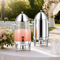 Distributeur de jus en acier inoxydable FLEY avec couvercle en dôme, robinet et support surélevé pour service de restauration de boissons en buffet d'hôtel