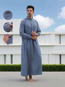 <b>Men's</b> Blue Cotton <b>Thobe</b> Long Sleeve Stand Collar Floor Length Modest Islamic Robe Solid Color All Seasons - Product Image 2
