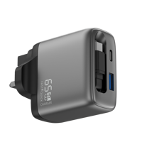 Chargeur rétractable USB C GaN 65W avec câble intégré, adaptateur mural de charge rapide à 2 ports pour iPhone, Galaxy, Pixel, iPad,