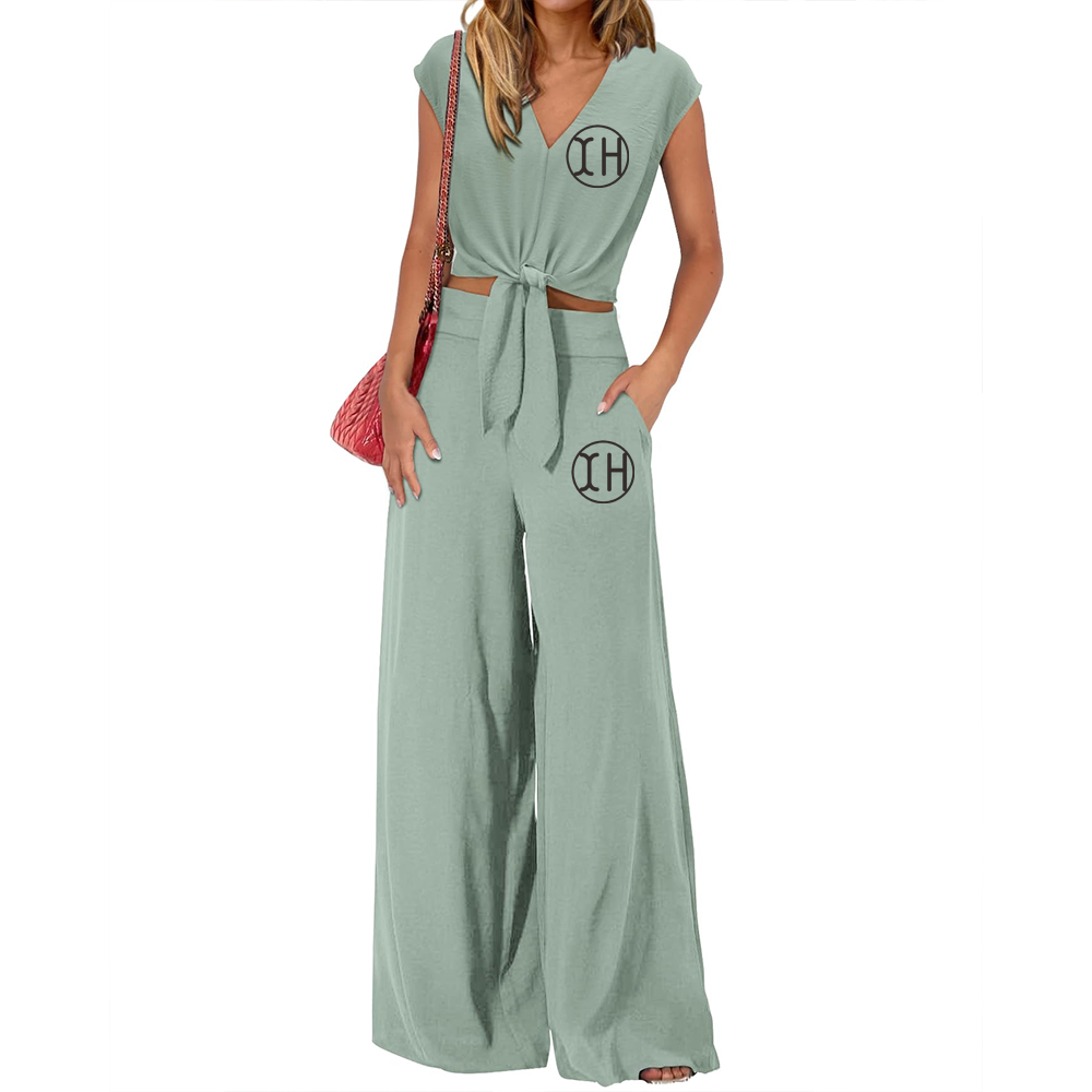 Factory Ladies Summer 2 Piece Outfits Casual Cap Sleeve V Neck Lace-up Cropped Tops Wide Leg Pant Sets with Pockets · image 5