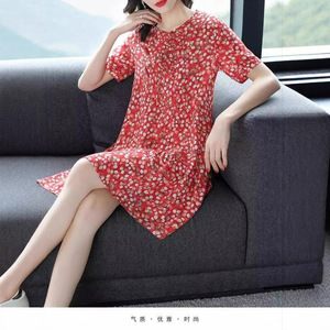 Red Floral Short Sleeve Dress Loose Waist O Neck Casual Daily Wear For Women Plus Size Summer Style - Product Image 3