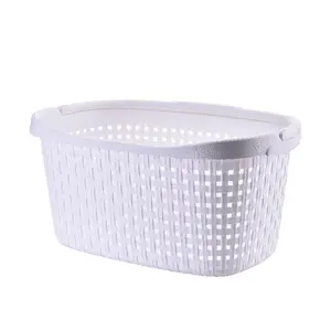 White plastic laundry basket weave laundry basket with handle dirty cloth basket