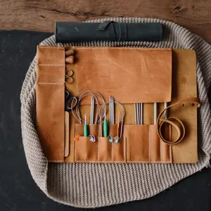 PU Couro Circular Knitting Needle Holder Case Knitting Tool Organizer Interchangeable Knitting Needle Set Roll Bag para Se