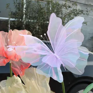 Decoração de fundo de borboleta de organza de cor elegante para decoração de casamento, malha de seda artificial de luxo gigante