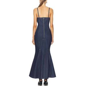 Robes longues en jean personnalisées de haute qualité pour femmes, sexy, à fines bretelles, couleur unie, style vintage délavé, effet délavé, moulantes, pour tenue du jour (OOTD) - Product Image 3