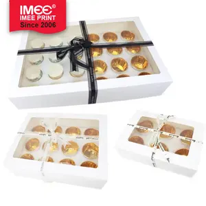IMEE 4 6 12自动弹出风格牛皮纸纸板白色一次性纸制纸杯蛋糕盒带透明窗口的松饼蛋糕盒
