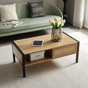 Rattan Coffee Table 40.16 In Metal Legs Modern <b>Storage</b> Living Room Natural - Product Image 1