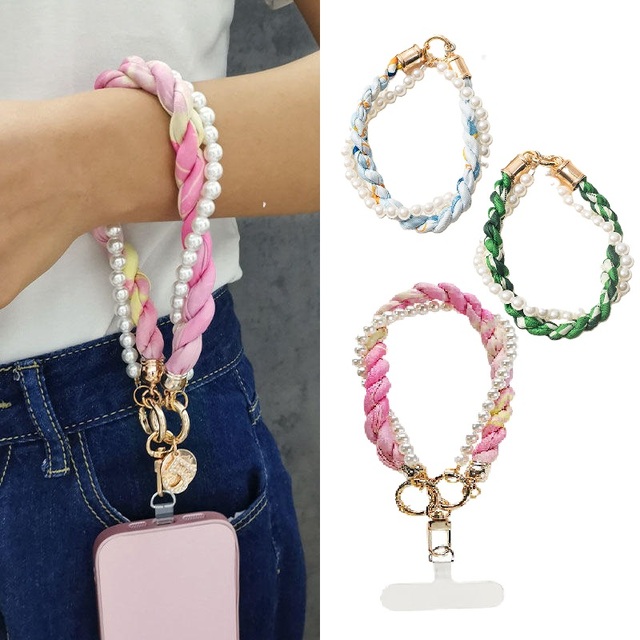 Hot-selling Luxury Woven Short Scarf Phone Lanyard, Pearl Wrist Strap, Transparent Clip, Anti-lost Stylish Beaded Phone Chain
