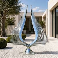 Sculpture moderne abstraite en acier inoxydable poli miroir, statue d'aile en métal de luxe pour la décoration de jardins, de places publiques et de monuments