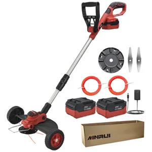 Minrui Goedkope Prijs 21V Lithium Batterij Elektrische China Gras Trimmer Cutter Draagbare Metalen Mes Grastrimmer Met Twee Wielen