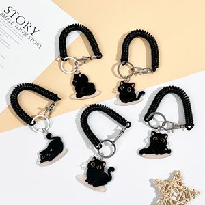 Trendy UV Iron Black Cat Keychain Retractable Spring Rope Cartoon Girl Bag Pendant Wholesale Jewelry Cross-Border Customizable