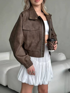 Jaket Kulit Wanita Vintage 2026 Model Distressed dengan Ritsleting, Jaket Bomber Crop Oversize, Saku Berflap, Streetwear Y2K, Mantel Motor - Product Image 4
