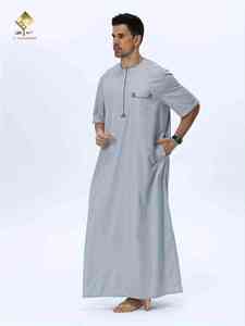 Al Haramain <b>Men's</b> Gray Cotton <b>Thobe</b> Long Sleeve Floor Length Modest Daily Wear Solid Color Breathable Traditional Arabic - Product Image 2