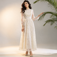 Robe longue en dentelle élégante pour femmes, col montant à volants, manches longues, perles et strass, tailles S à XXL