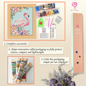 Kit de Broderie Diamant Flamant Rose avec Fleurs, Perles Rondes en Cristal, Kit DIY avec Cadre Rectangulaire Style Champêtre - Product Image 3