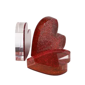 Hartvorm Acryl Blok Glitter Pmma 3d Kristal Aandenken Plaque Voor Bruiloft Decoratie Valentine Dag Cadeau