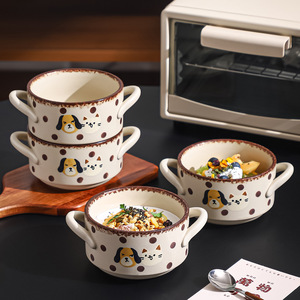 Bol en céramique à double anse motif pois, motif chiot mignon, couleur sous-glaçure de haute qualité, résistant à la chaleur, pour salade et desserts, compatible micro-ondes - Product Image 1