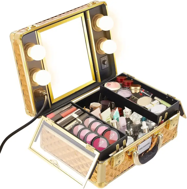 c Portable Makeup Case with LED Mirror Travel Cosmetic Rose Gold Organizer Box with Locks