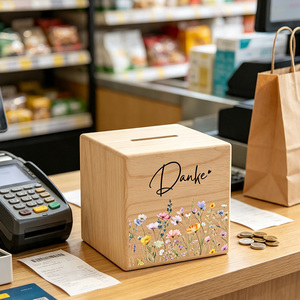 Boîte à dons en bois de pin poncé à la main, motif floral sauvage, avec fente supérieure pour lettres Danke, pour comptoir de café, restaurant, collecte de dons - Product Image 3