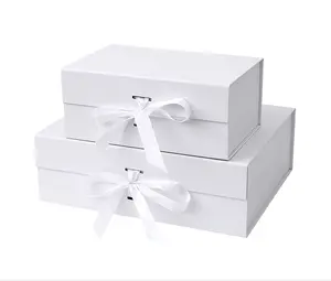 Caixas de presente dobráveis luxuosas, logotipo personalizado do papelão rígido de papel magnético com fita fecho para vestido de casamento