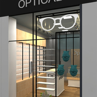 Conception de décoration intérieure de magasin de lunettes de soleil optiques modernes, présentoirs sur pied multi-niveaux en bois personnalisés avec éclairage LED et comptoir de réception