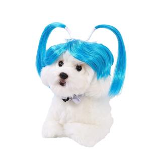 New Pet Blue Solid Polyester <b>Wig</b> for Cats & Dogs-Summer/Winter Breathable <b>Halloween</b> Double Ponytail Straight Hair - Product Image 2