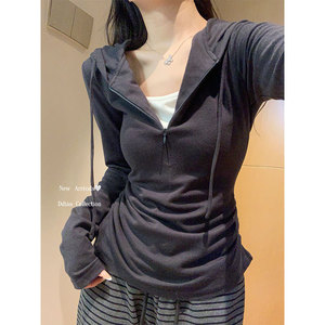 Miu Style Grey Hooded Long Sleeve T Shirt Women Slim Fit Half Zip Base <b>Layer</b> <b>Top</b> Casual Solid Color Breathable - Product Image 1