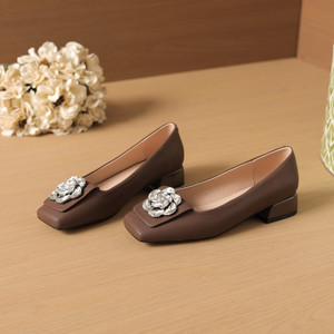 Genuine Leather <b>Flats</b> Square Toe Low Heel Elegant Comfort Women Shoes with Flower Decoration Slip-On Style Rubber Outsole - Product Image 2