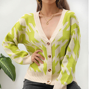 Vendita Diretta Moda Autunnale Casual Streetwear <span class=keywords><strong>Cardigan</strong></span> Corto <span class=keywords><strong>Giallo</strong></span> a Maniche Lunghe in Acrilico Lavorato all'Uncinetto per <span class=keywords><strong>Donna</strong></span> - Product Image 2