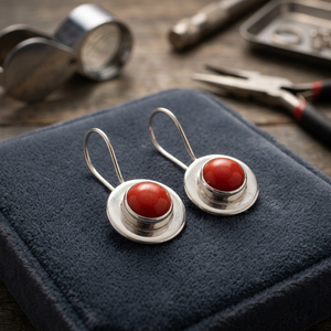 Pendientes colgantes budistas de plata tibetana clásica Art Palace con engaste de coral rojo, joyería para mujer - Product Image 1