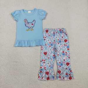 Conjunto de Ropa para Niñas RTS Farm Flower, Estampado, Bordado, Volantes, Lazo, Casual, Transpirable, Primavera Otoño, Manga Corta, Leggings - Product Image 2