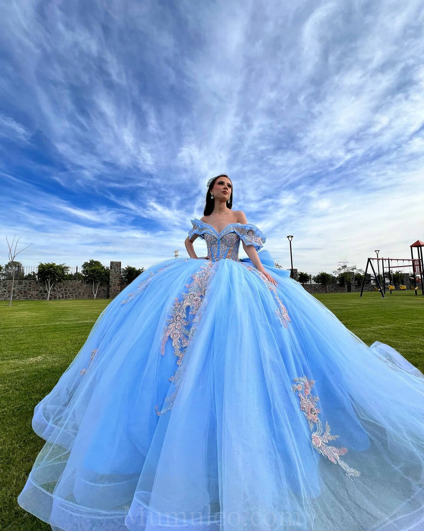 light blue ruffle prom dress Strapless Ruffle Light Blue Lace Long Prom Dresses with High Slit, Lig –  jbydress main image 1