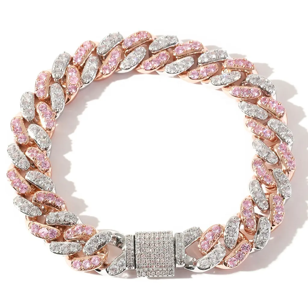 2023 New Fashion Hip Hop Rock Punk 12mm Pink Copper Set Zircon Cuban Chain Fashion Fine Jewelry Men's Bracelet For Party