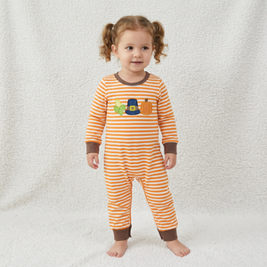 Combinaison rayée pour bébé garçon avec applique citrouille, combinaison à manches longues pour l'automne, col rond, fermeture à boutons-pression - Product Image 1