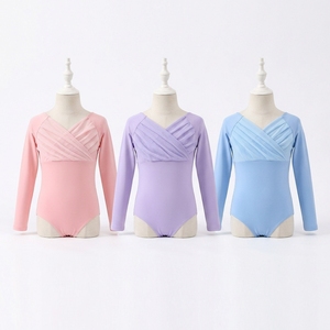 Maillot de Ballet para Niñas con Cuello en V y Manga Larga, Diseño Cruzado, de Algodón y Spandex, para Entrenamiento de Danza, Disponible en 3 Colores Pastel - Product Image 1