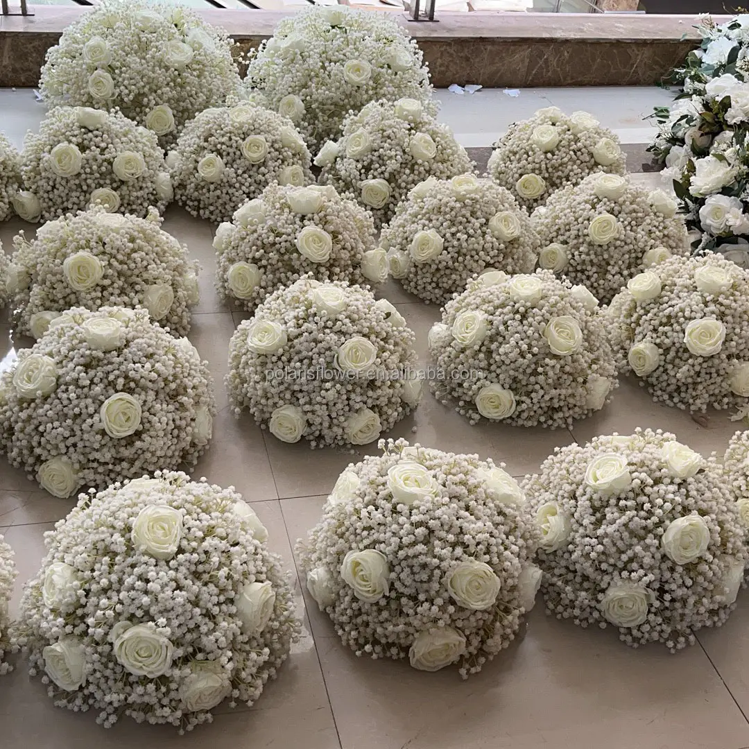 Centro de mesa Rose Babys Breath Bola de flores moradas artificiales para Decoración de mesa de boda