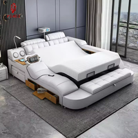 Lit Tatami en cuir véritable Moderne Simple Double Théâtre Familial Projecteur Lit de mariage Multifonctionnel Massage électrique Pliable
