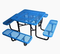 Table de jardin extérieure carrée en acier expansé à 4 bancs table de camping table d'échecs table de pique-nique thermoplastique avec trou pour parapluie