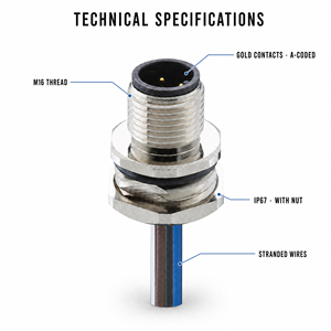 Connecteur M12 mâle DIN à montage sur panneau, câble étanche IP67, connecteur circulaire pour capteur, pigtail, automatisation industrielle, 3, 4, 5, 8, 12, 17 broches - Product Image 2