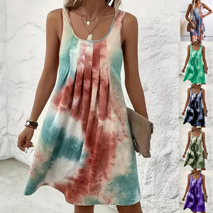 เดรสผ้าโพลีเอสเตอร์พิมพ์ลายมัดย้อมทรงปล่อยชายกระโปรงยาวคลุมเข่า คอกลม แขนกุด สไตล์ลำลองสำหรับผู้หญิง ซัมเมอร์ 2026 - Product Image 2