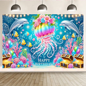 Sous-la mer thème dauphin méduse <span class=keywords><strong>poisson</strong></span> impression décor bannière toile de fond fête joyeux anniversaire décorations toile de fond - Product Image 2