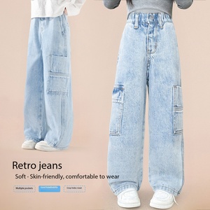 <span class=keywords><strong>Jeans</strong></span> Cargo a Gamba Larga per Ragazze, Pantaloni in Denim Morbido con Vita Elastica, Stile Vintage Casual per Bambini e Adolescenti - Product Image 1