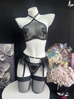 Set Lingerie Tiga Potong Halter Jaring Transparan Seksi untuk Wanita, 3 Buah Bra dan Celana Dalam Transparan dengan Stoking, Pakaian Tidur Eksotis