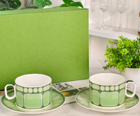 Ensemble Tasse et Soucoupe à Café Expresso Vert en Porcelaine Fine (Bone China) de Luxe, Écologique, Style Européen, Vente en Gros Direct Usine de Céramiques Exquises