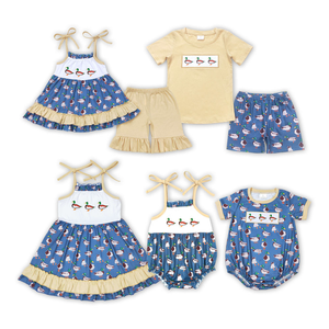 Ensemble short et robe à volants pour bébé garçon, broderie canard assortie pour frères et sœurs, tenue d'été en gros - Product Image 4