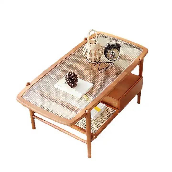 Designer Modern Grey Wood Frame Tempered Glass Roof Living Room Central Coffee Table Japanese Furniture