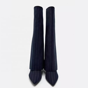 Botas de tacón alto fino con punta, de tela superpuesta, estilo stiletto, con rayas, para mujer, plegables por encima de la rodilla - Product Image 2
